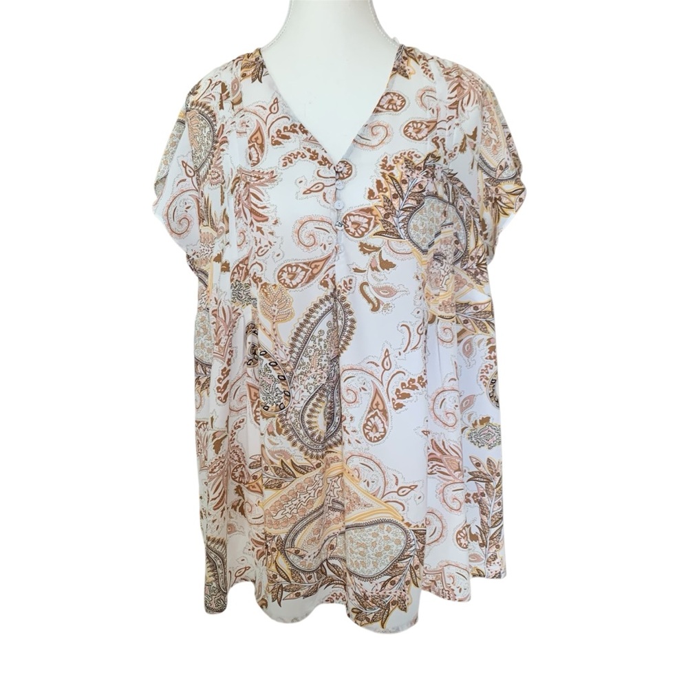NWOT Cynthia Rowley Paisley Print White V Neck Flutter Sleeve Blouse Top Sz 1X